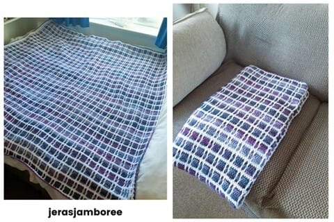 Two views of the Fireside Plaid Crochet Blanket: on the left, the full tartan-patterned throw laid flat on a bed; on the right, the blanket neatly folded on an armchair, highlighting the purple, blue, and white mosaic crochet design, with the Jera’s Jamboree logo underneath.
