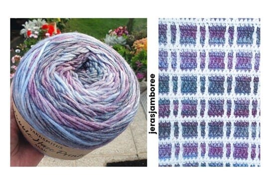 Side-by-side photos: on the left, a ball of Yarnsmiths Pebble Haze Prints Aran yarn in purple, blue, and grey tones held outdoors; on the right, a close-up of the Fireside Plaid Crochet Blanket showing the tartan effect created with mosaic crochet stitches, with the Jera’s Jamboree logo vertically between the images.