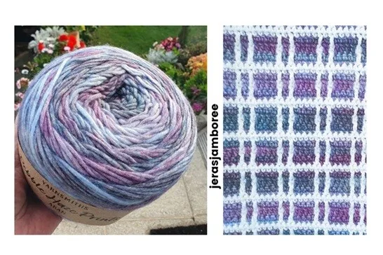 Side-by-side photos: on the left, a ball of Yarnsmiths Pebble Haze Prints Aran yarn in purple, blue, and grey tones held outdoors; on the right, a close-up of the Fireside Plaid Crochet Blanket showing the tartan effect created with mosaic crochet stitches, with the Jera’s Jamboree logo vertically between the images.