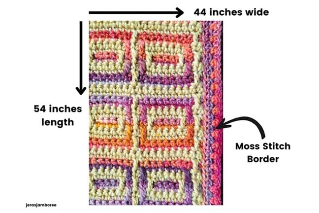 Close-up of the Amberlight Crochet Blanket showing the inset mosaic pattern and moss stitch border. Arrows indicate measurements of 44 inches wide and 54 inches long.
