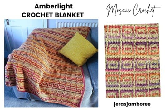 The Amberlight Crochet Blanket draped over a sofa, showing its warm mosaic crochet design in mustard, amber, and purple tones. Includes a close-up of the inset mosaic stitch pattern.