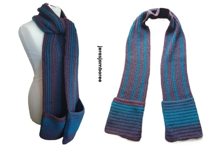 On the left, a scarf is displayed on a mannequin with the pockets visible at the ends. On the right, the scarf is laid flat to show its full length and wide pockets. Text ‘jerasjamboree’ is placed vertically between the images.