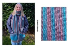 Woman wearing The Glen Scarf, a chunky crochet scarf with pockets, in shades of teal and mauve. The scarf has a ribbed knit-look texture. Beside her is a close-up of the scarf fabric showing the chunky ribbed stitches in teal and mauve stripes