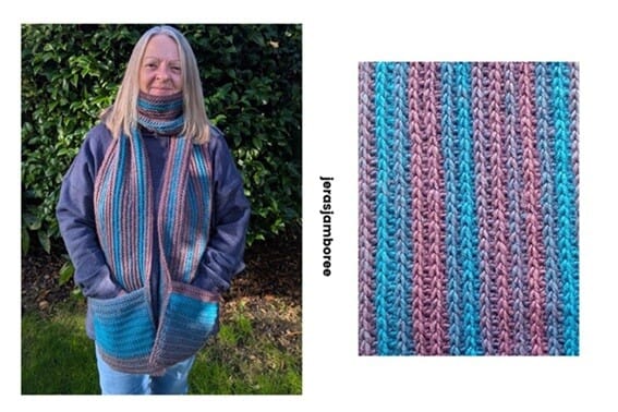 Woman wearing The Glen Scarf, a chunky crochet scarf with pockets, in shades of teal and mauve. The scarf has a ribbed knit-look texture. Beside her is a close-up of the scarf fabric showing the chunky ribbed stitches in teal and mauve stripes