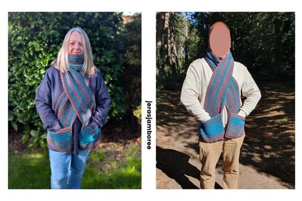 wo people modelling The Glen Scarf, a chunky crochet scarf with pockets, in teal and mauve ribbed stripes. On the left, a woman wears the scarf outdoors, crossed at the front with hands in the pockets. On the right, a man wears the same scarf outdoors, styled the same way with hands in the pockets. Text on the side reads ‘jerasjamboree.