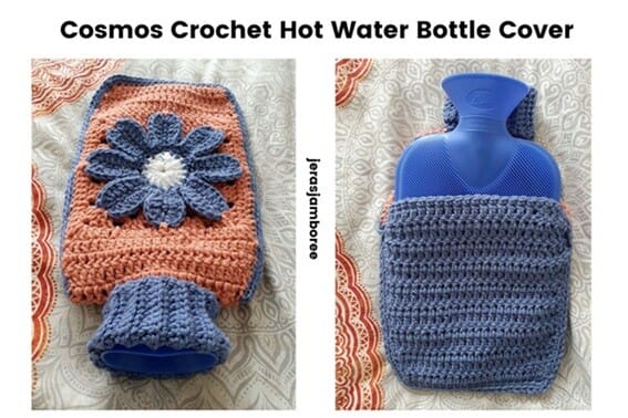 Two views of the Cosmos Crochet Hot Water Bottle Cover. The left shows the front with an orange body, blue edging, and an eight-petal blue flower with a white centre. The right shows the back, featuring a blue envelope-style opening with a blue hot water bottle partially inserted. Both covers are displayed on patterned fabric
