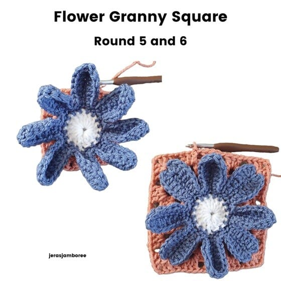 Flower Granny Square Rounds 5 and 6 showing the blue petals attached to the orange granny stitch background. The top image displays the petals lifted as the orange yarn is worked around them, and the lower image shows the completed square with the petals lying flat against the background.