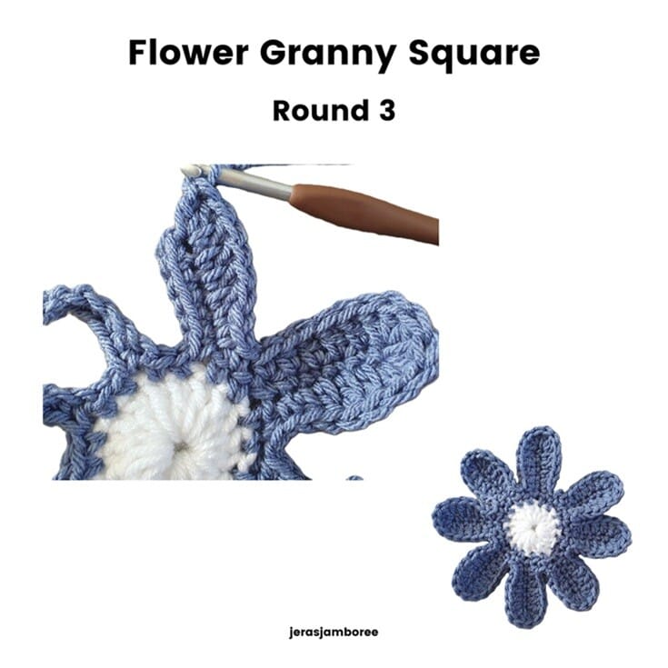 Flower Granny Square Round 3 showing blue petals being shaped around the white centre. The close-up image highlights the stitches worked along one petal, with a smaller image below showing all eight completed petals forming the flower shape.