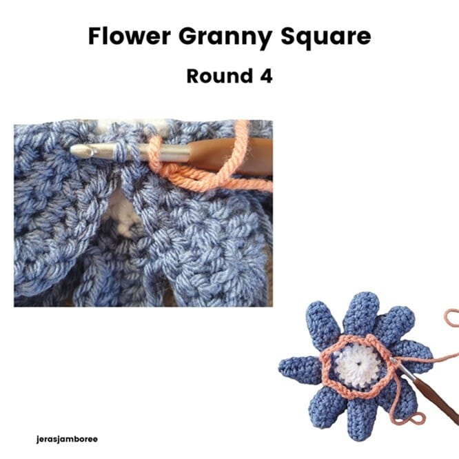 Flower Granny Square Round 4 showing orange yarn joined to the back of the blue flower petals. The close-up image highlights the hook inserting through stitches to form chains behind the petals, creating a circular base for the next crochet round.
