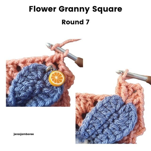 Flower Granny Square Round 7 showing how the blue flower petals are secured to the orange granny stitch background. The close-up images highlight the hook working through the top of a petal and a stitch marker shaped like an orange slice marking the position.
