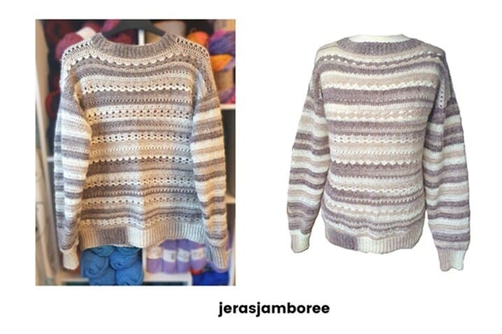 Two views of the Selene Crochet Sweater showing the front in neutral stripes of cream, beige, and taupe. On the left, the sweater hangs in front of yarn shelves, and on the right, it’s displayed on a mannequin to show the fit. Text on image reads ‘jerasjamboree.