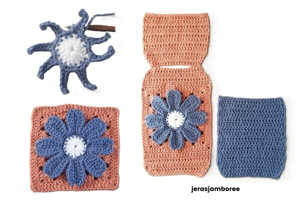 Four stages of the Cosmos Crochet Hot Water Bottle Cover before assembly. The top left shows the start of the flower motif with blue petals forming around a white centre. Below it, the completed flower granny square in orange and blue. To the right, the extended front and back panels with the flower square joined, and the separate blue lower back panel.