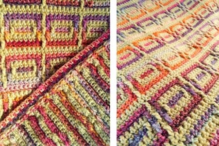 Two close-up views of the Amberlight Crochet Blanket showing the inset mosaic stitch detail in warm shades of amber, purple, and orange, with textured geometric squares.