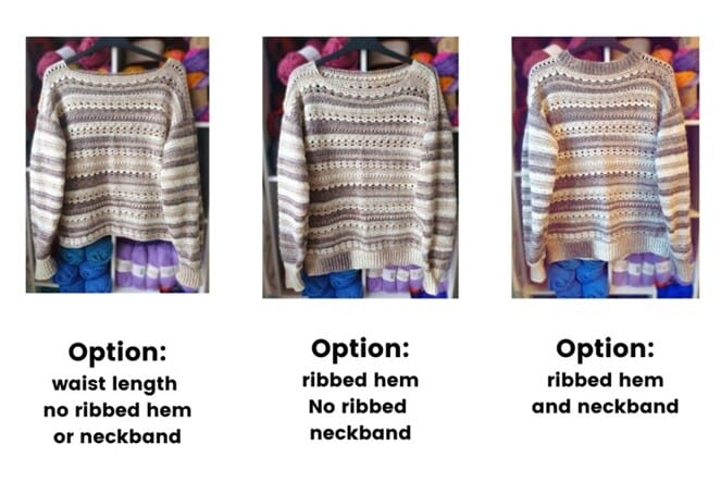 Three style options for the Selene Crochet Sweater displayed on hangers in front of yarn shelves. From left to right: waist-length version with no ribbed hem or neckband, version with ribbed hem but no ribbed neckband, and version with both ribbed hem and ribbed neckband. Text on image reads ‘Option’ with details under each sweater.