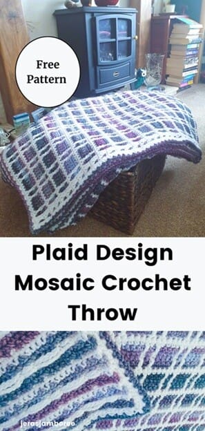 Pinterest pin for the Fireside Plaid Blanket showing a mosaic crochet throw in purple, blue, and white draped over a basket, with a close-up of the stitches below. Text on the image reads “Free Pattern” and “Plaid Design Mosaic Crochet Throw,” with the Jera’s Jamboree logo.