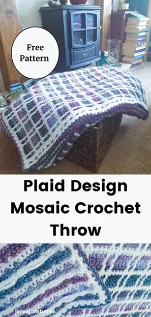 Pinterest pin for the Fireside Plaid Blanket showing a mosaic crochet throw in purple, blue, and white draped over a basket, with a close-up of the stitches below. Text on the image reads “Free Pattern” and “Plaid Design Mosaic Crochet Throw,” with the Jera’s Jamboree logo.