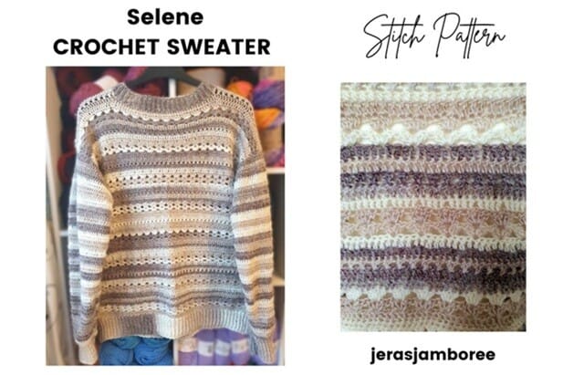 Selene Crochet Sweater displayed on a hanger with yarn shelves in the background, showing the striped textured stitch pattern in neutral tones. A close-up photo on the right highlights the stitch detail. Text on image reads ‘Selene Crochet Sweater,’ ‘Stitch Pattern,’ and ‘jerasjamboree.’