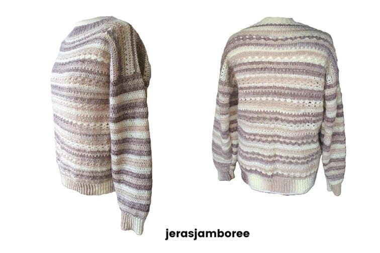 Side and back views of the Selene Crochet Sweater displayed on a mannequin. The sweater features neutral stripes in cream, beige, and taupe, highlighting the textured stitch pattern and relaxed fit. Text on image reads ‘jerasjamboree