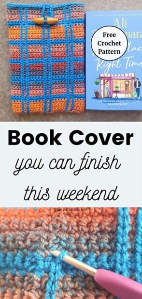 Collage-style pin showing the Lennox Crochet Book Cover in blue, orange, and rust yarn beside a book, with text reading ‘Book Cover you can finish this weekend’. The image includes a close-up of surface slip stitches and a crochet hook, promoting a free crochet book cover pattern tutorial.