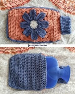 Crochet hot water bottle cover showing the front with a raised blue flower on peach yarn and the back with a blue envelope-style closure.
