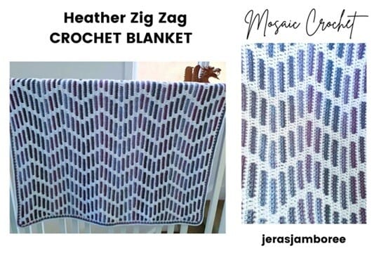 A handmade mosaic crochet blanket called the Heather Zig Zag design, draped over a white rail. The pattern features a bold zigzag motif in shades of heather purple and blue against a white background. A close-up on the right highlights the detailed texture and color transitions in the crochet stitches.