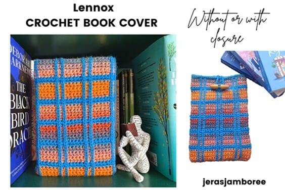 Lennox Crochet Book Cover displayed on a bookshelf in tartan-style stitches of blue, orange, and rust. The photo shows versions with and without the toggle closure, alongside books and a decorative reading figure.