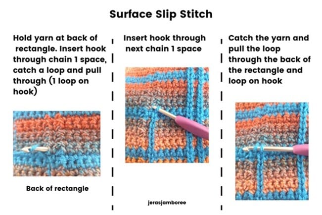 Step-by-step tutorial showing how to add surface slip stitches to the Lennox Crochet Book Cover. Images demonstrate inserting the hook through chain-one spaces and pulling yarn through to form the vertical lines.