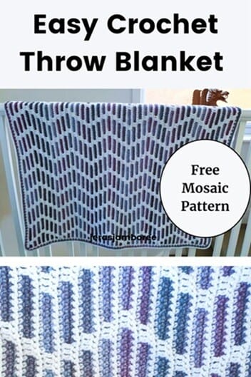 two images of a zig zag mosaic crochet blanket in purple, blue, and white yarn. The top features the full blanket draped over a rail with the text “Easy Crochet Throw Blanket” and a circular label that reads “Free Mosaic Pattern,” appealing to crocheters seeking beginner-friendly afghan crochet patterns with striking texture.