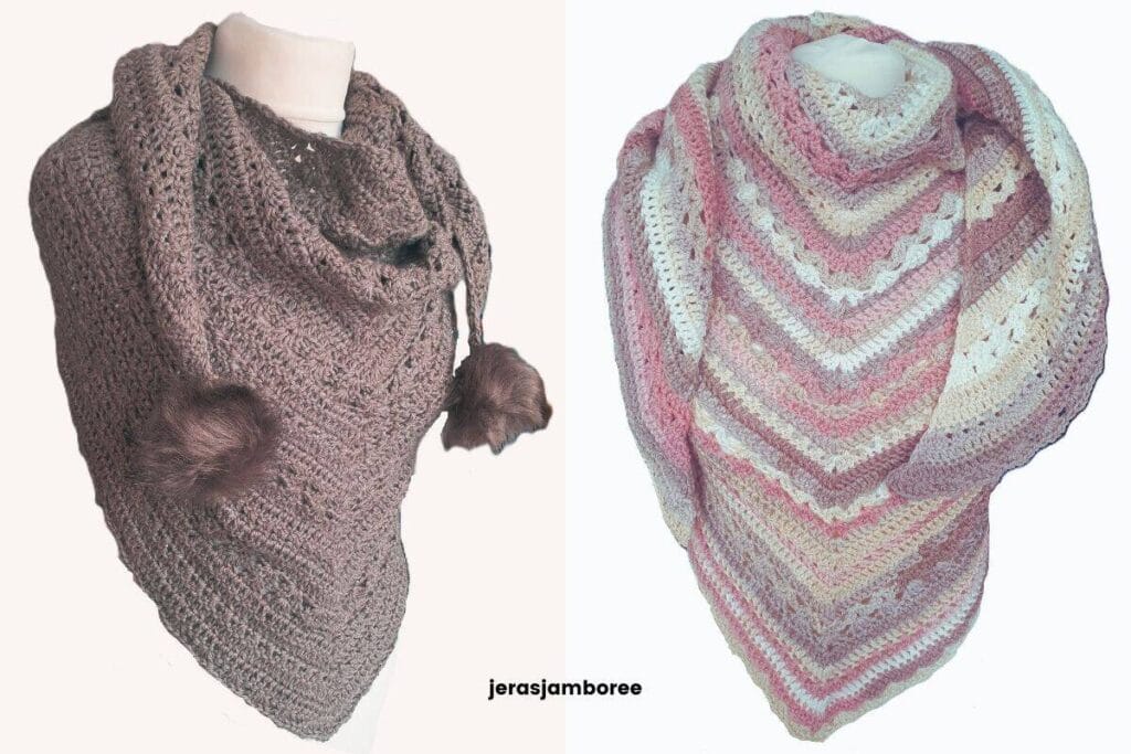 Two versions of the Selene crochet triangle shawl displayed on mannequins. The left shows the shawl in brown worsted weight yarn with long pointed ends and faux fur pompoms. The right shows the shawl in soft pink, cream, and beige DK yarn with a striped and textured stitch pattern.