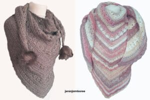 Two versions of the Selene crochet triangle shawl displayed on mannequins. The left shows the shawl in brown worsted weight yarn with long pointed ends and faux fur pompoms. The right shows the shawl in soft pink, cream, and beige DK yarn with a striped and textured stitch pattern.