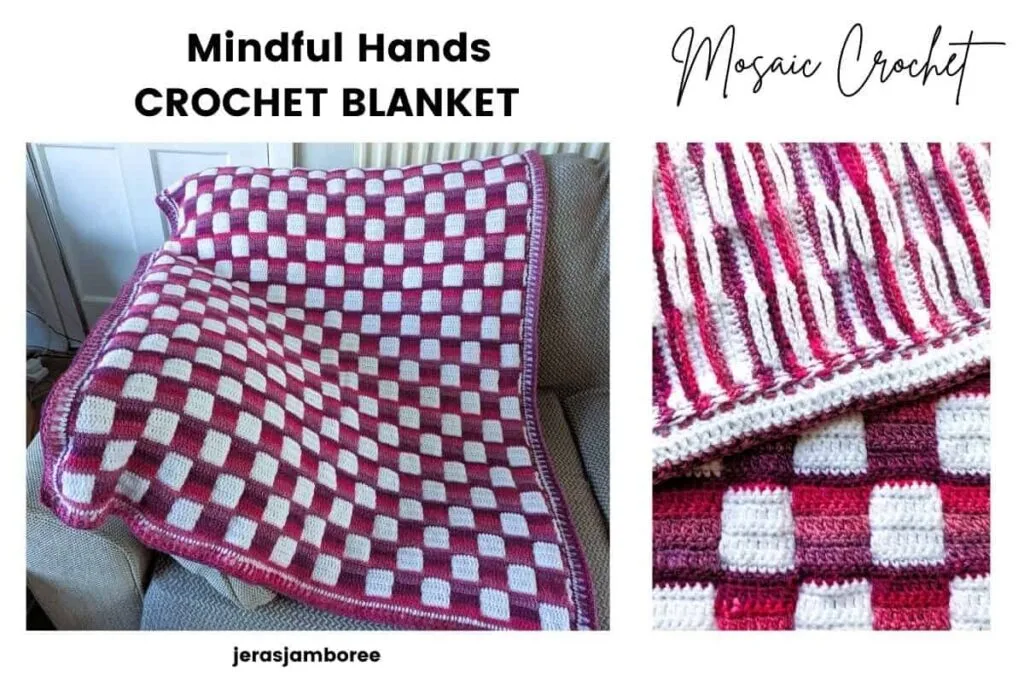 Crocheted lap blanket with a pink/purple and white gingham design draped over a sofa, showing the front of the Mindful Hands Mosaic Blanket and its textured border.  A close up of the back folded over the front shows the chains on the back of the design