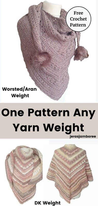 Collage showing the Selene triangle shawl crochet pattern worked in different yarn weights, with a worsted aran version on a mannequin and DK versions shown below, highlighting that one crochet shawl pattern works with any yarn weight.