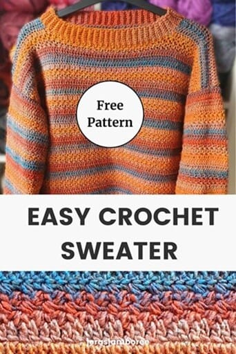the Emberley crochet pullover with textured stripes in orange, blue and coral, along with a close-up of the stitch pattern and text that reads Free Pattern and Easy Crochet Sweater.
