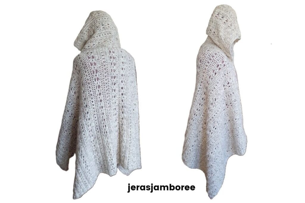 Back and side view of a crochet shawl with hood, showing the length, drape, and hood depth