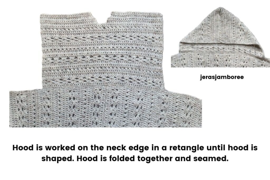 Construction view of the crochet shawl hood, showing the rectangular hood worked onto the neckline and seamed at the top