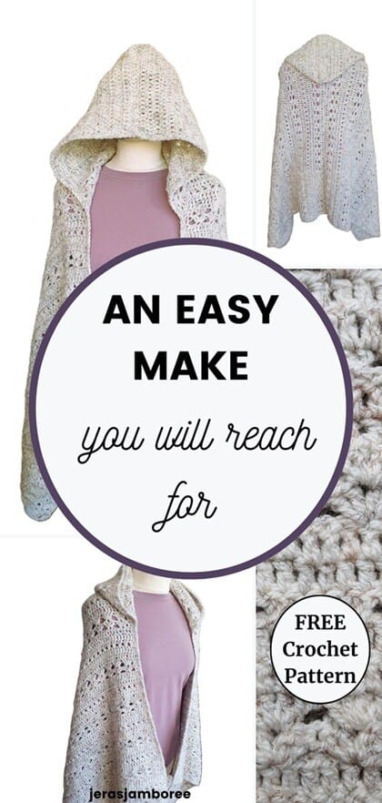 Crochet shawl with hood shown from the front, side, and back, featuring a textured stitch pattern and a free crochet pattern label