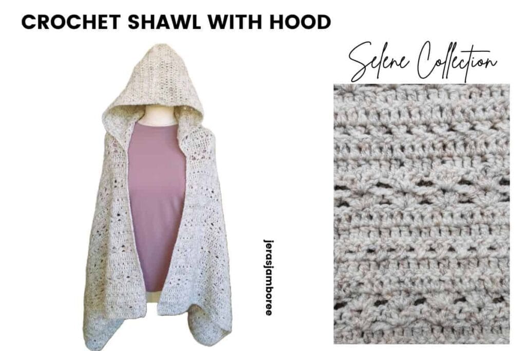 Crochet shawl with hood from the Selene collection, shown worn open with a close-up of the textured stitch pattern