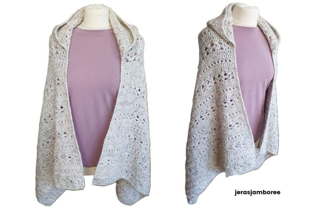 Crochet shawl with hood worn open, showing the drape and textured stitch pattern from the Selene collection