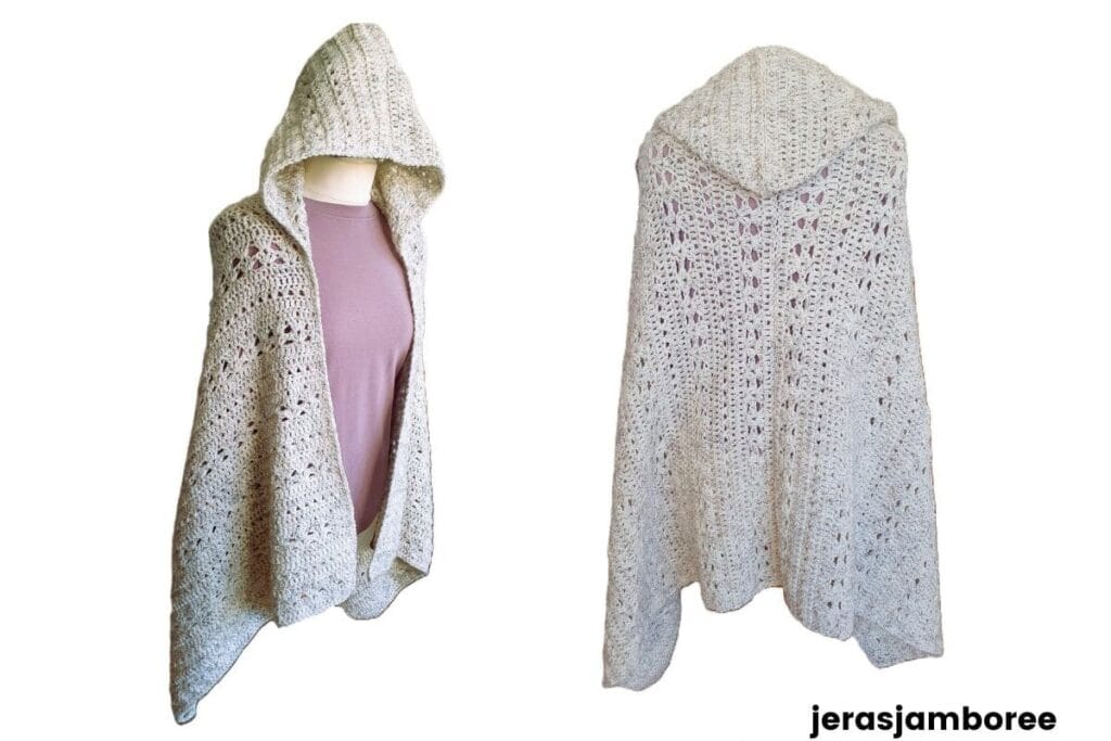Side and back view of a crochet shawl with hood, showing the length, drape, and textured stitch pattern
