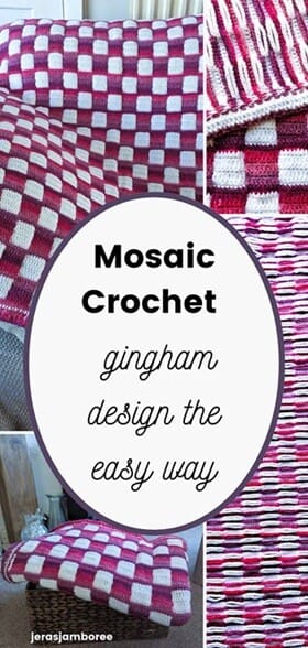 Mindful Hands mosaic crochet lap blanket with a pink and white gingham design, including front and back texture details, with text overlay reading Mosaic crochet gingham design the easy way