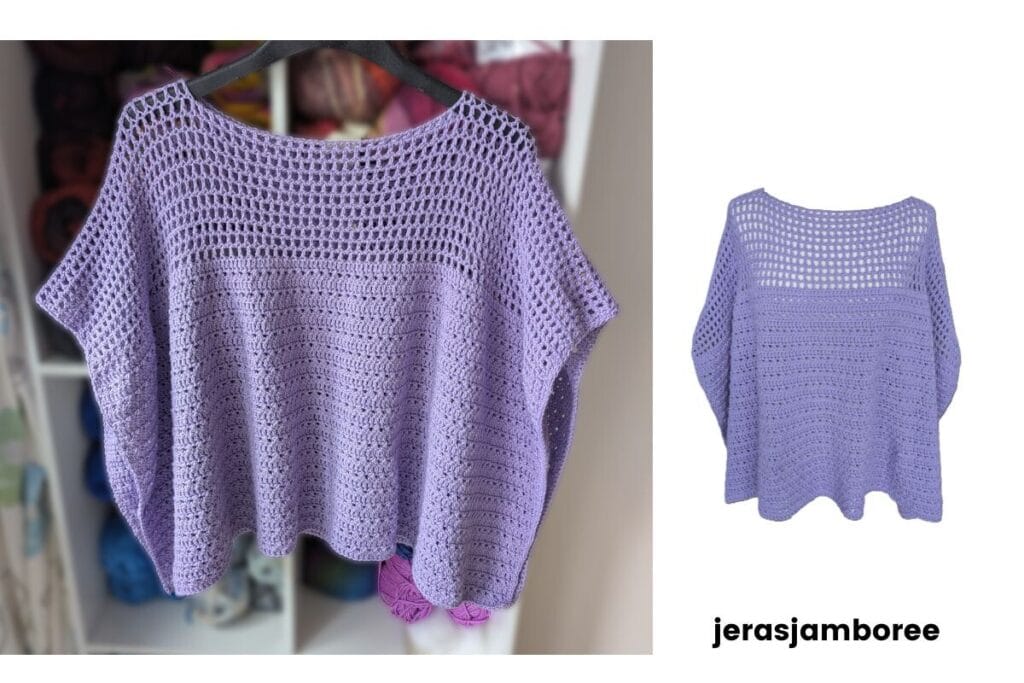 Lavender rectangle crochet poncho with airy mesh yoke and textured body, shown hanging on a black hanger and styled on a mannequin wearing it as a boat neck.