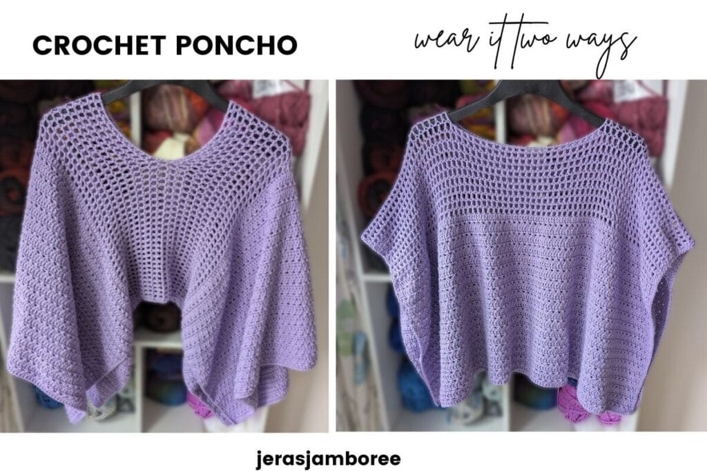 Lilienne crochet poncho in lavender with airy mesh yoke and textured body, shown two ways with boat neck and scoop neckline options, hanging against a yarn shelf backdrop.