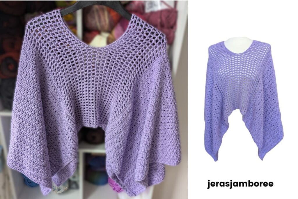 Lavender crochet poncho with airy mesh yoke and textured crossed stitch body, shown hanging on a hanger and styled on a mannequin as a scoop neck with flowing drape.