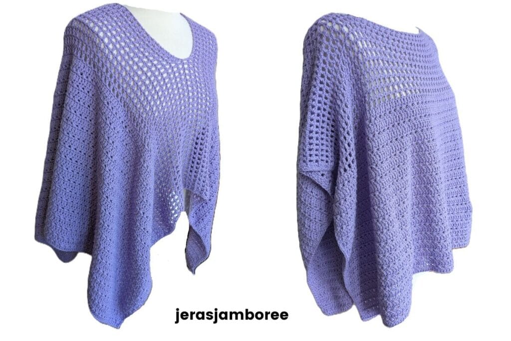 Side views of a lavender crochet poncho on a mannequin, showcasing the airy mesh yoke, different necklines and relaxed silhouette.