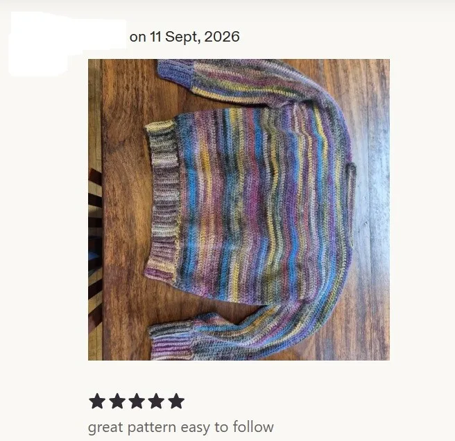 Etsy review 11 Sept 2026.  An image of the completed Coastal Breeze sweater laid flat.  5 stars.  Text reads: great pattern easy to follow.  