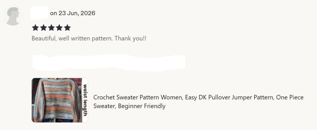 23 Jun 2026 5 star Etsy review reads: "Beautiful, well written pattern.  Thank you!!"