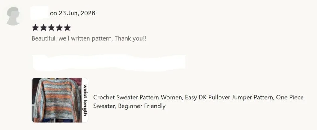 23 Jun 2026 5 star Etsy review reads: "Beautiful, well written pattern.  Thank you!!"
