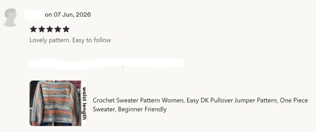5 star Etsy review dated 7 June 2026. Text reads: "Lovely pattern. Easy to follow."