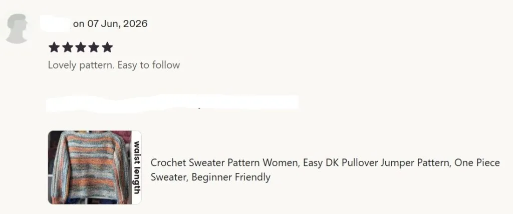 5 star Etsy review dated 7 June 2026.  Text reads: "Lovely pattern.  Easy to follow."