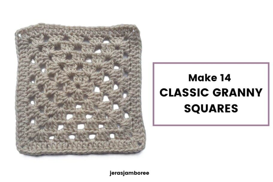 A neutral toned classic granny square with an open stitch pattern is shown alongside text that reads "Make 14 CLASSIC GRANNY SQUARES"